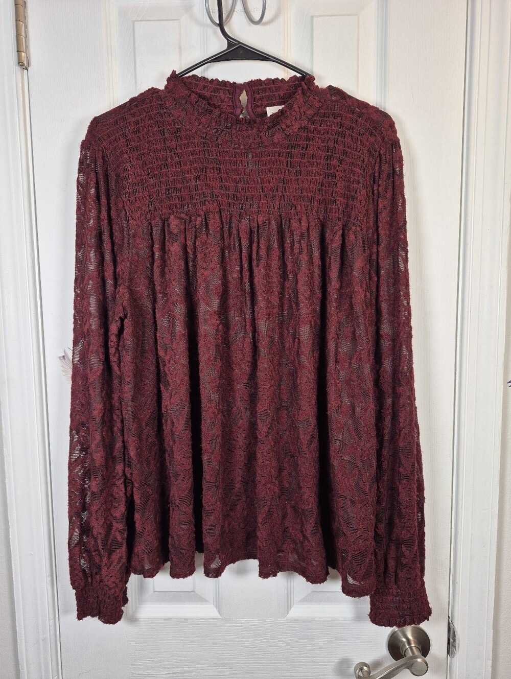 Cupio Burgundy Lace Smocked Mock Neck Blouse Boho Cottagecore Romantic XL